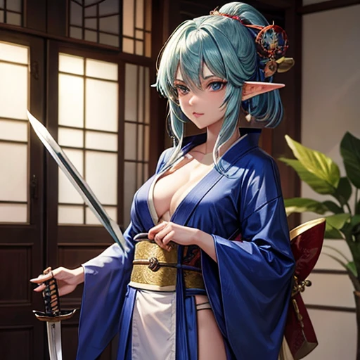 Adult elf with lapis lazuli hair wearing a kimono holding a Japanese sword　Knife 1.5　