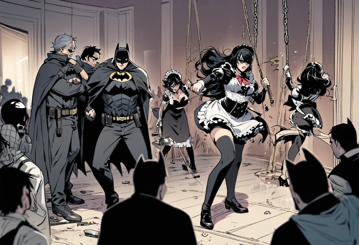 Batman swing in to stop the robbery. The bank is a bloody mess. A gang of sexy French Maids have killed some hostages and move to confront the Batman