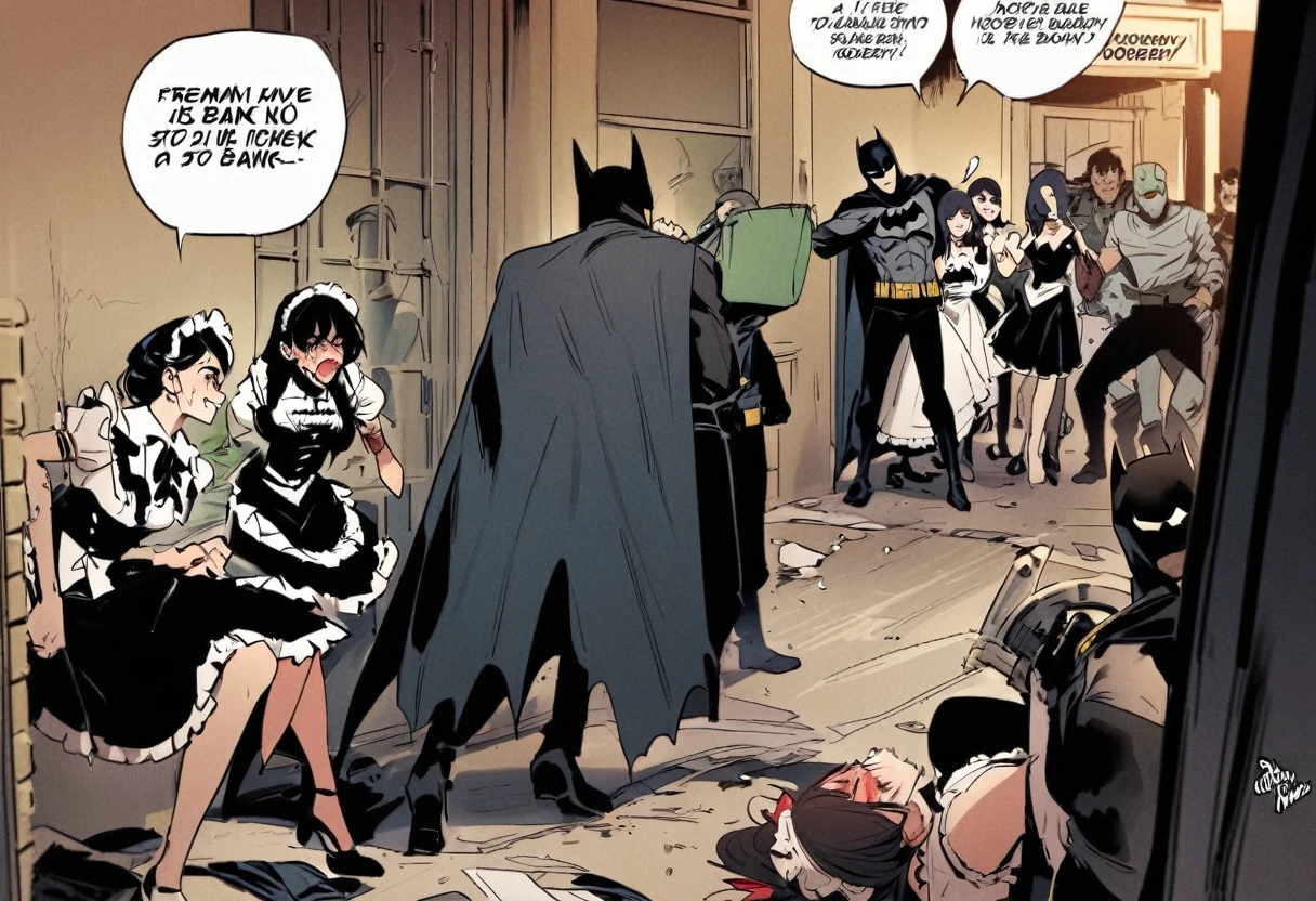 Batman swing in to stop the robbery. The bank is a bloody mess. A gang of sexy French Maids have killed some hostages and move to confront the Batman