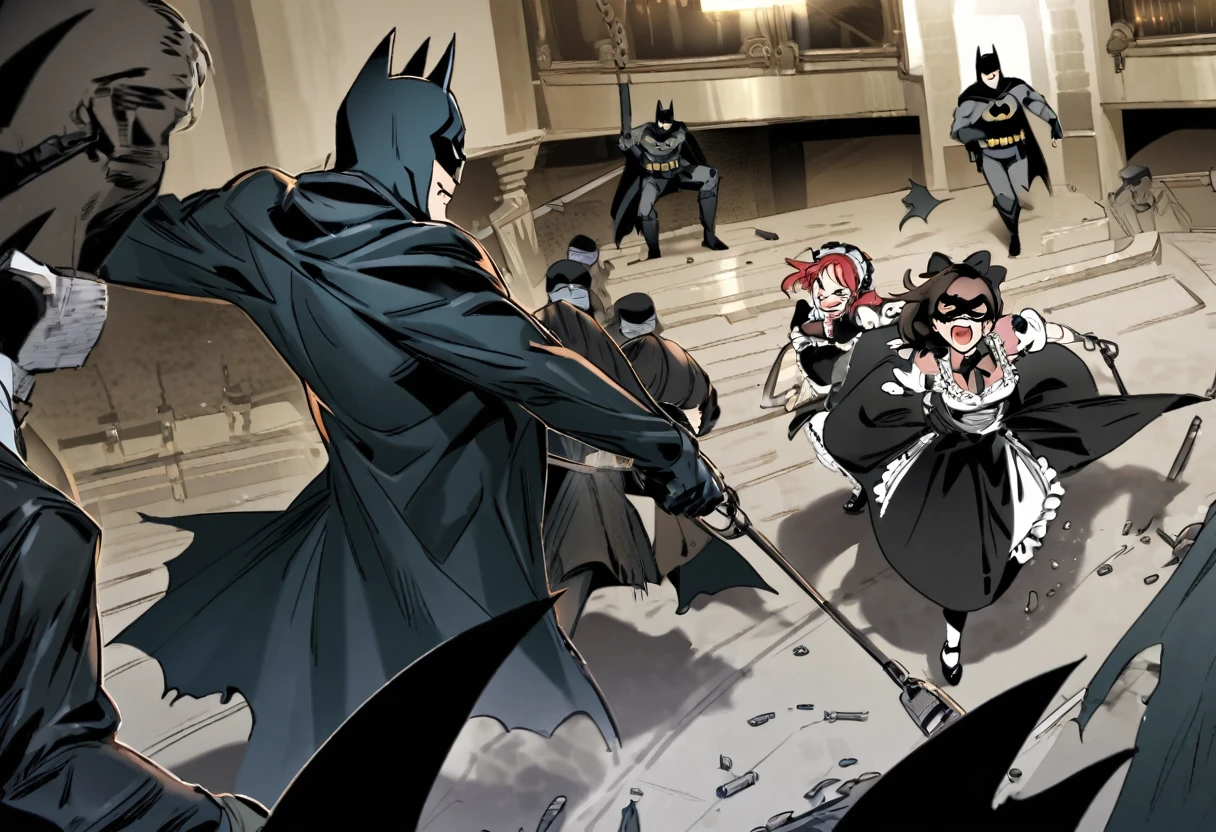 Batman swing in to stop the robbery. The bank is a bloody mess. A gang of sexy French Maids have killed some hostages and move to confront the Batman
