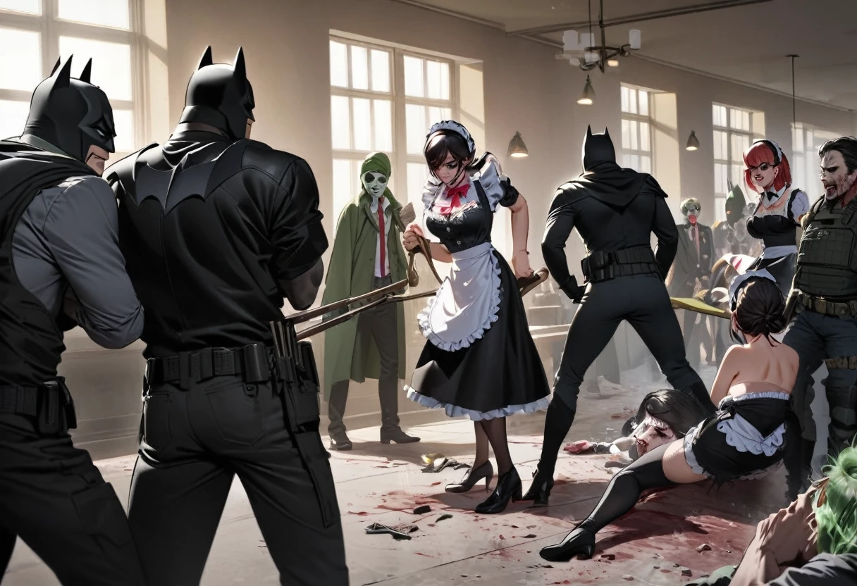 Batman swing in to stop the robbery. The bank is a bloody mess. A gang of sexy French Maids have killed some hostages and move to confront the Batman