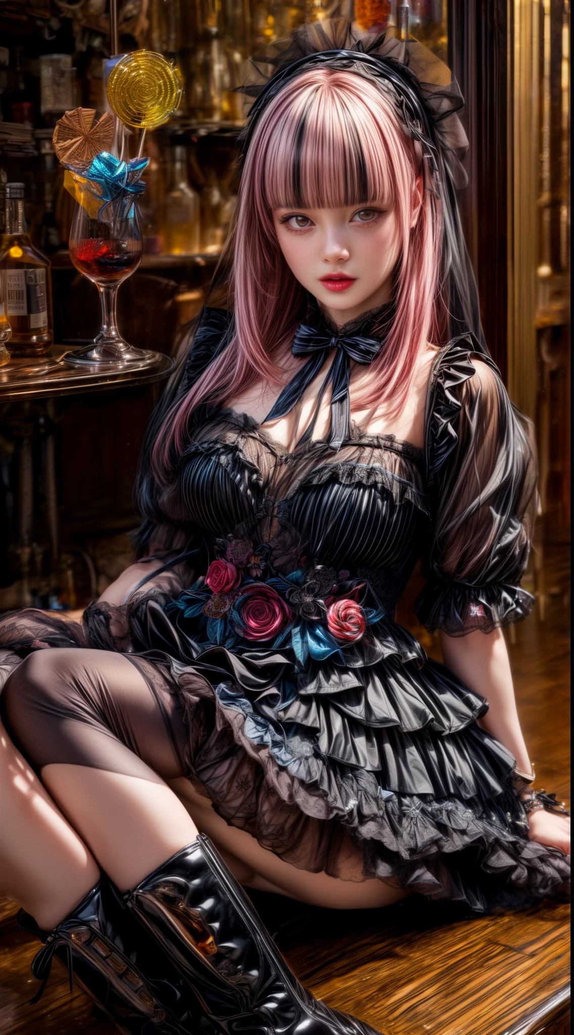 Pink Hair、Black Hair、((Two-tone hair))、Black Lolita dress with delicate pink embellishments、Slender women、Cute Woman、 8K Ultra HD,Detailed face、Delicate texture, Long Hair、(((blunt bangs)))、(((Drill Hair)))、Tutu skirt、Thigh-high tights、short boots、((Sweet Lolita))、mini skirt、A room in a Western-style building、((Delicate photo))，(Girl Astepeace RAW Photo Details:1.25), (highest quality:1.6), (超A high resolution:1.5), (Realistic:1.75), 8K resolution, Canon EOS R5, 50mm, Absurd, Ultra-detailed,Cinema Lighting、((Lollipop and whiskey glass))