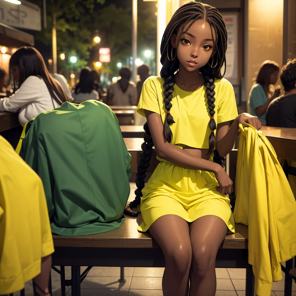 (masterpiece, best quality), deep ebony 1girl, beautiful face, freely hanging braids, cafeteria background , cute, street clothing, beautify, Lofi vibe, green and yellow clothing, cute night vibe, concentrated, sitting