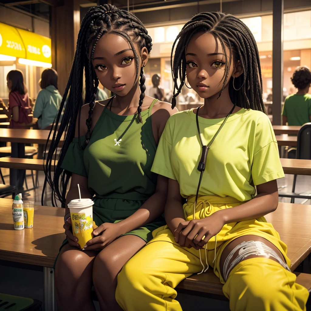 (masterpiece, best quality), deep ebony 1girl, beautiful face, freely hanging braids, cafeteria background , cute, street clothing, beautify, Lofi vibe, green and yellow clothing, cute night vibe, concentrated, sitting
