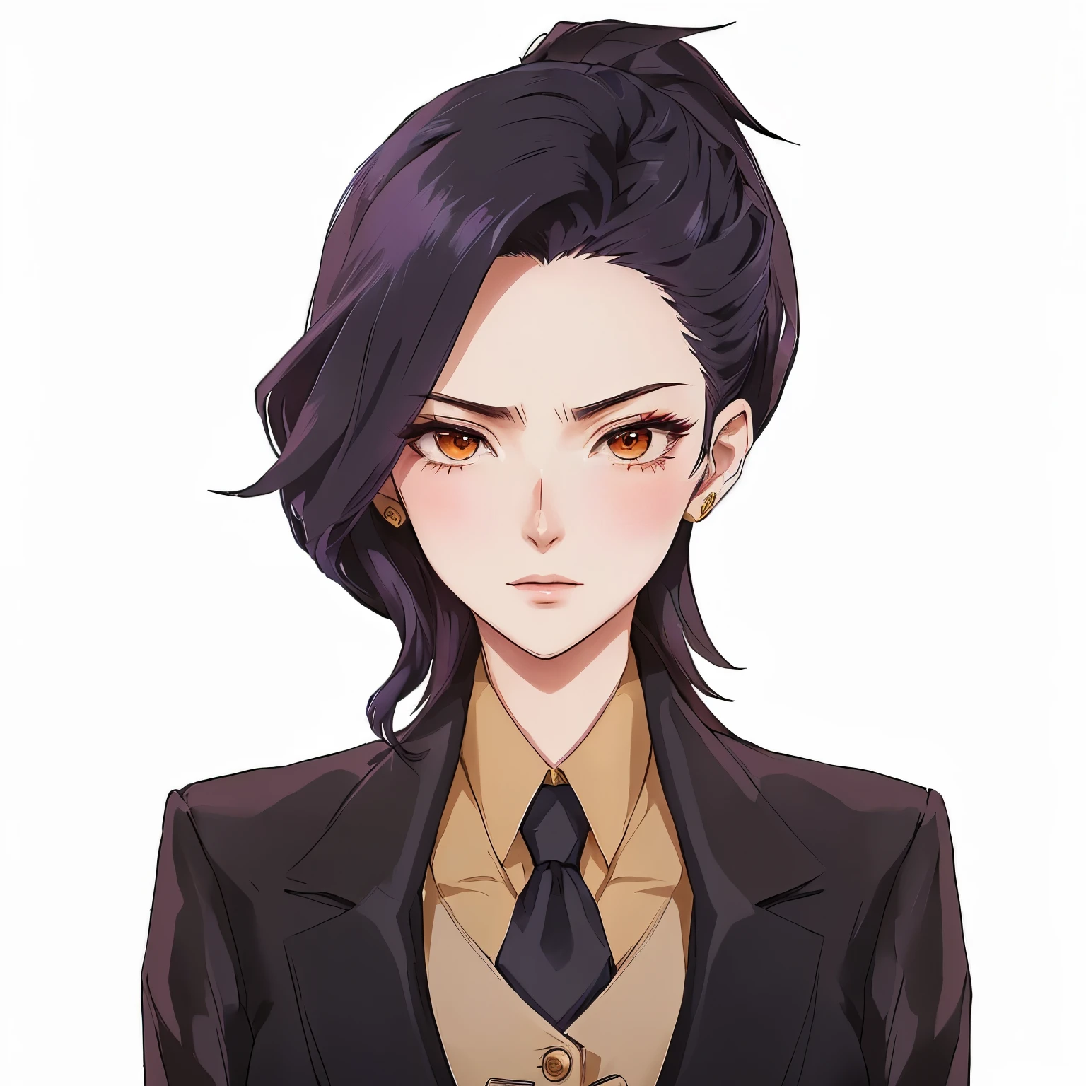 The anime character is a man in a suit and tie、woman with serious expression, anya from spy x, Attractive androgynous humanoid,ace lawyer maya fey, Delicate hermaphroditic prince, Nico Robin, Official character illustrations, beautiful androgynous prince