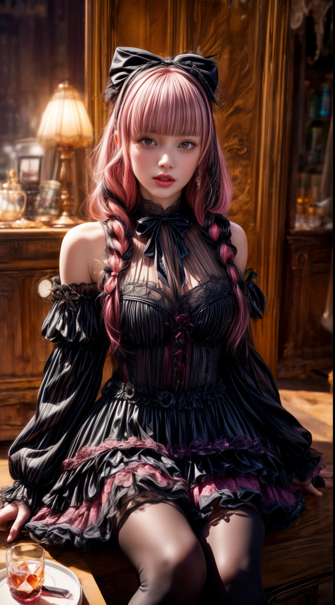 Pink Hair、Black Hair、((Two-tone hair))、Black ****ta dress with delicate pink embellishments、Slender women、Cute Woman、 8K Ultra HD,Detailed face、Delicate texture, Long Hair、(((Blunt bangs)))、(((Drill Hair)))、Tutu skirt、Thigh-length tights、short boots、((Sweet ****ta))、mini skirt、A room in a Western-style building、((Delicate photo))，(Girl Astepeace RAW Photo Details:1.25), (highest quality:1.6), (超A high resolution:1.5), (Realistic:1.75), 8K resolution, Canon EOS R5, 50mm, Absurd, Super detailed,Cinema Lighting、((Lollipop and whiskey glass))