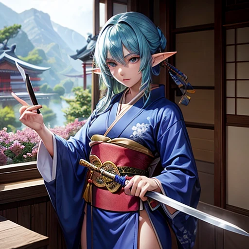 Adult elf with lapis lazuli hair wearing a kimono holding a Japanese sword　Knife 2