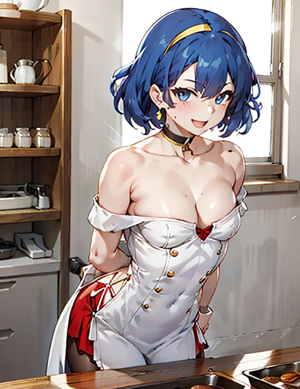 (dynamic angle:1.3, from front:1.1, breast focus:1.3, from below:1.2), (dynamic posing:1.5, sexy posing:1.3, leaning forward), (seductive smiling:1.3),masterpiece, 1girl, pointed chest:1.3,(double breasted:1.2,under bust:1.2), Amazing Cleavage:1.3, thin waist, big ass, Raised sexy, small breast: 1.2 posed cleavage:1.1, looking at viewer, open mouth, brown hair, blue eyes, bare shoulders, collarbone, sidelocks, hairband, sapphire earrings, indoors, red off shoulder sweater dress, arms behind back, short hair with long locks, blue gold hairband, big side hair, very long side hair is rendered in (masterpiece: 1.2, best quality), with (ultra high resolution) and an exquisite (depth of field). This masterpiece is not only visually stunning but also tells,A scene of cooking in the kitchen