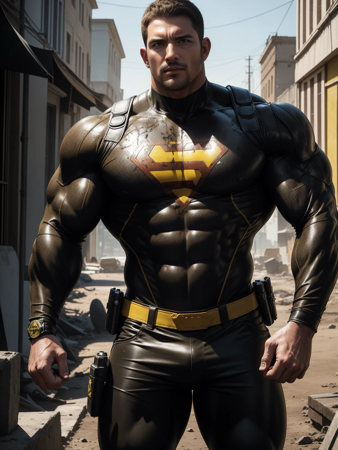 Angry super muscular man,  Buzz Cut，On the old-style outdoor street under the hot sun, Wear a long-sleeved Dark Yellow superhero bodysuit, Mud wrapped body，Clothes are very dirty with mud stains，The expression is arrogant, Thick thighs, Messy hair, Thick thighs, High collar, long sleeves, Dark Yellow superhero bodysuit, very tight, Regular symmetrical pattern, Highlight muscles, Police uniform pants, character concept（Resident Evil - Chris Redfield, Chris Redfield）A proud expression, Deep and charming eyes, Heroic male pose, tall Burly, muscular！muscular thighs, tough guy, perfect facial features, High, Burly, Heqiang, Super polished and cool, High Resolution Committee, Charismatic, The sun is blazing, dazzling