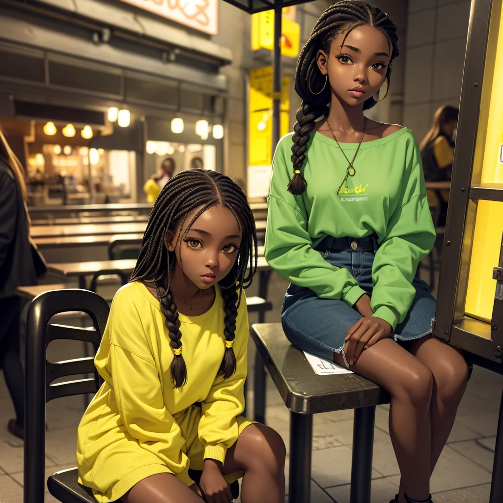 (masterpiece, best quality), deep ebony 1girl, beautiful face, freely hanging braids, cafeteria background , cute, street clothing, beautify, Lofi vibe, green and yellow clothing, cute night vibe, concentrated, sitting, city wear