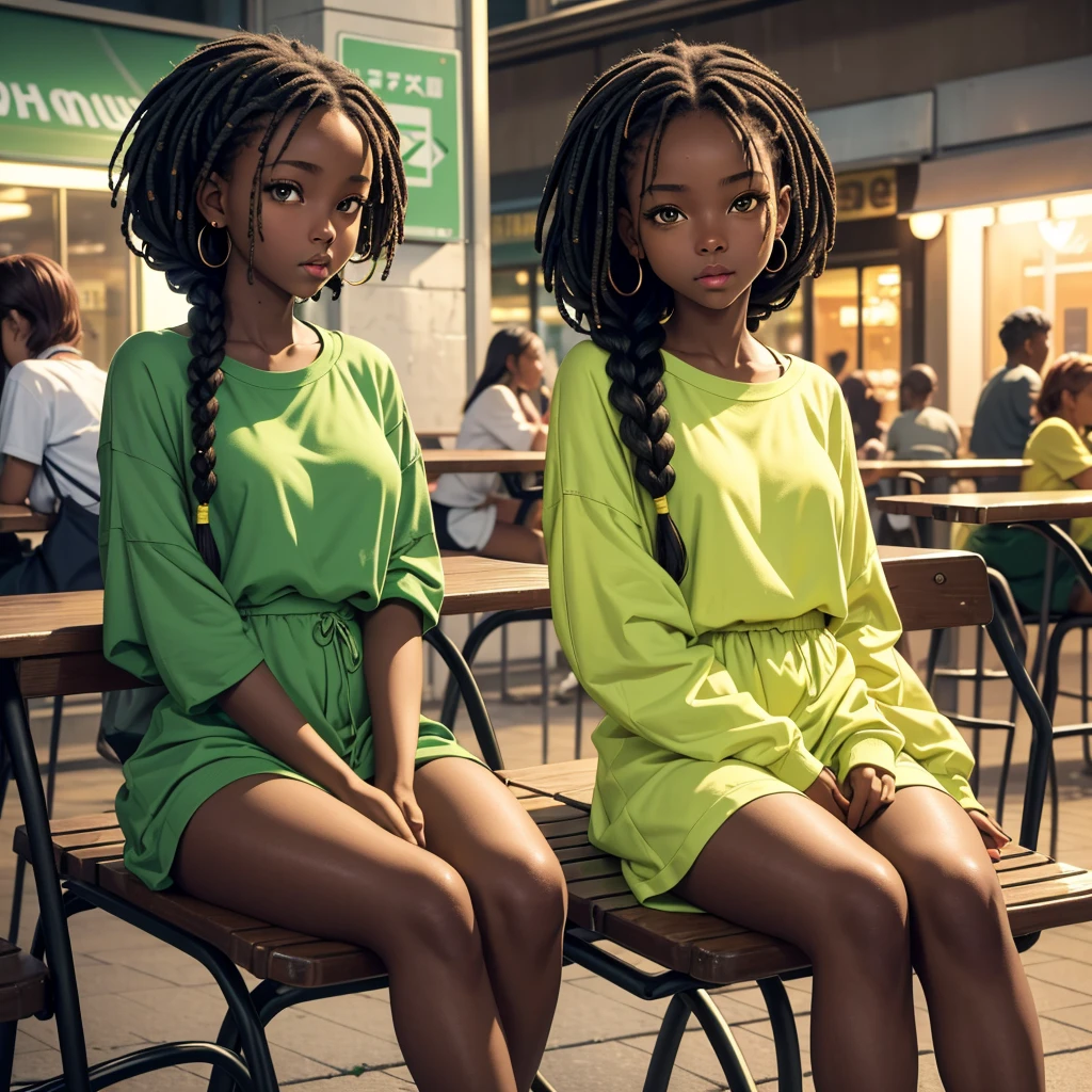 (masterpiece, best quality), deep ebony 1girl, beautiful face, freely hanging braids, cafeteria background , cute, street clothing, beautify, Lofi vibe, green and yellow clothing, cute night vibe, concentrated, sitting, city wear