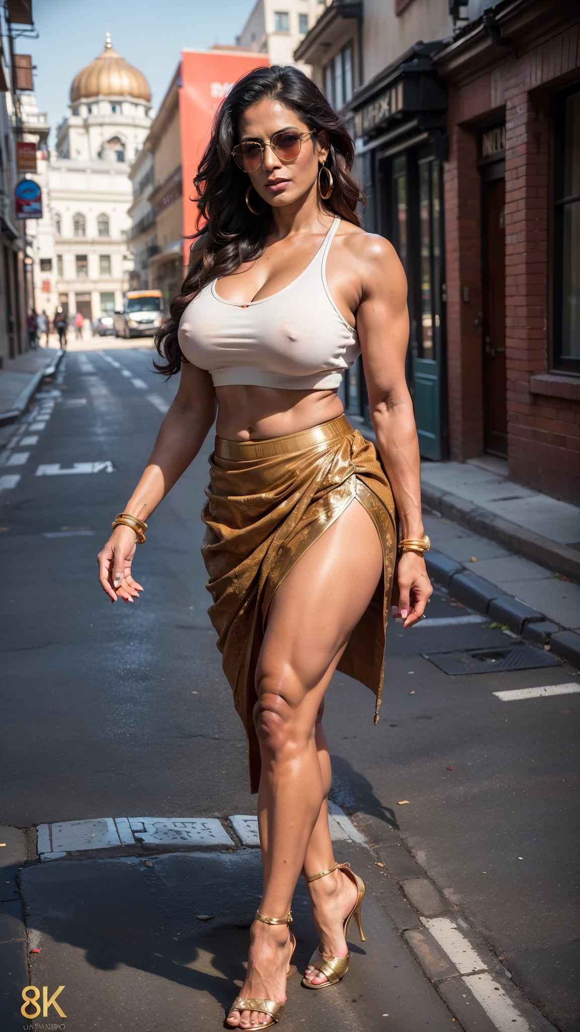 (masterpiece, 8k, highest quality, ultra detailed:1.37), (Nyla), 35 years old, (a sexy muscular indian model: 1.3), (wearing a modern skirt outfit: 1.4), sunglasses, cleavage, big tits and ass, classy look, detailed skin texture, (in a street: 1.4), Photorealistic, mind blowing