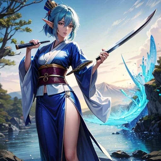 Adult elf with lapis lazuli hair wearing a kimono holding a Japanese sword Japanese Sword 2