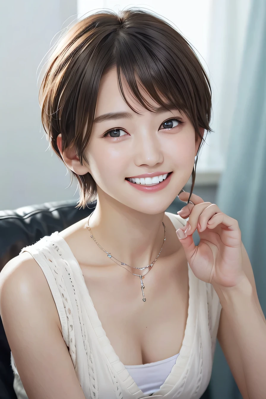 205 ((short hair)), 20-year-old female, In underwear、cardigan、Open your mouth、smile、Beautiful teeth alignment、Black Hair、ear piercing、Necklace around the neck、Looking into the camera, Waiting for the start