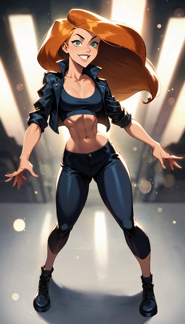 score_9, score_8_up, score_7_up, score_6_up, score_5_up, (high quality, detailed, beautiful), detailed soft lighting, rating_explicit, 1girl, (Kim Possible, orange-red hair:1.5), (black biker jacket over black crop top:1.1), (black leather mini skirt:1.2), at prom, dancing, looking sexy, beautiful eyes, open eyes, smiling, (full body portrait:1.2), sharp focus, portrait, studio lighting, bokeh, (masterpiece, best quality), (high resolution), perfect face, flawless, professional artwork, artstation, cinematic lighting, beautiful face, beautiful eyes, large eyes, bright eyes, beautiful smile, perfect hands, anatomically correct, perfect anatomy.