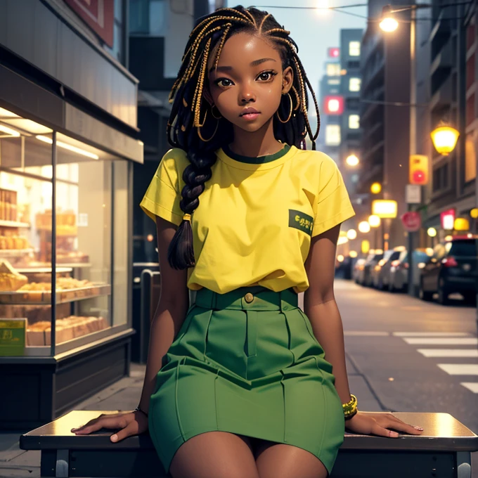 (masterpiece, best quality), deep ebony 1girl, beautiful face, freely hanging braids, cafeteria background , cute, street clothing, beautify, Lofi vibe, green and yellow clothing, cute night vibe, concentrated, sitting, city wear