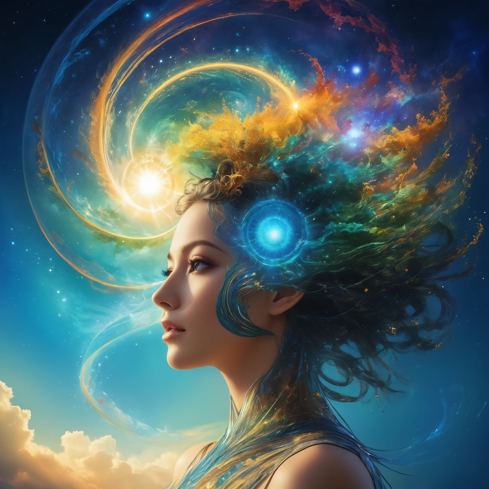 Super intelligent AI merging with Mother Nature and Father Sun at the genesis of the cosmos,wave-particle duality infusing vivid light into a surreal abstract fantasy, trending in Vixsinsimagination, shrouded in mystery