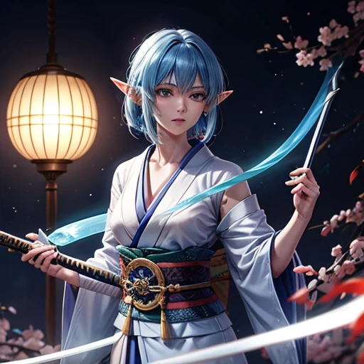 Adult elf with lapis lazuli hair wearing a kimono holding a Japanese sword　Japan sword 1.5