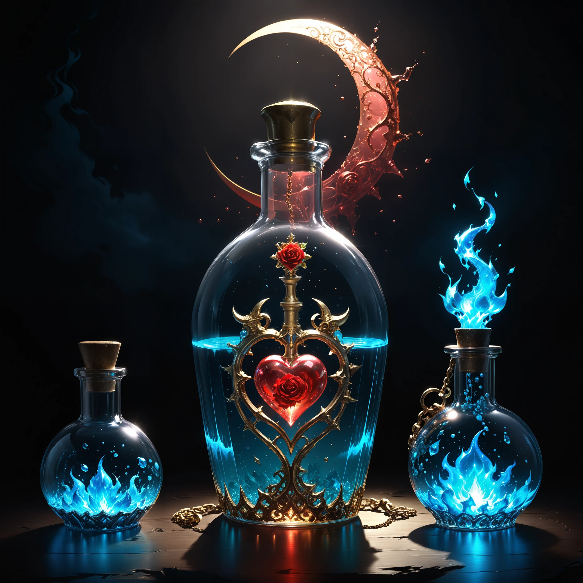 (in style of Ashley Wood:1.3),(in style of Nick Veasey:0.7),
conceptual design of the transparent glass human heart (organ),world of warcraft magic potion bottle concept design,golden potion glass bottle,water in a bottle,bubbles in water,(potion potion:1.5),entangle in a metal chain and lightning bolt:1.3,(chemiluminescence:1.2),(bottle loseup:1.4),the fluorescent liquid glows,(blue fire draws lines:1.6),(Chemiluminescence:1.2),
(the red crescent moon background:1.6),sharp,sharp image,(insanely detailed and intricate, hypermaximalist, elegant, ornate, hyper realistic, super detailed:1.1),extremely detailed,Amazing resolution,8k,Ray Tracing,masterpiece,Particle Effects,Beautiful Effects,(Rose Quartz color:1.3),
BREAK
(darkness:1.4),(extreme shadows:1.4),(Best Shadow:1.4),dark atmosphere,world of warcraft style,