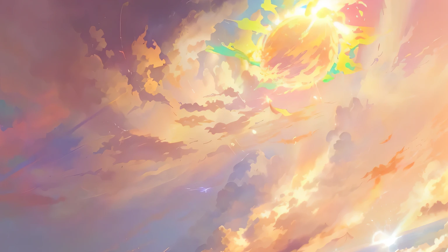 painting of a person flying a kite in the sky with a sun in the background, anime sky, dreamlike sunraise, painted in anime painter studio, anime clouds, made with anime painter studio, luminous sky, ufotable art style, luminous sky heaven background, daytime ethereal anime, ethereal anime, cosmic skies. by makoto shinkai, anime background