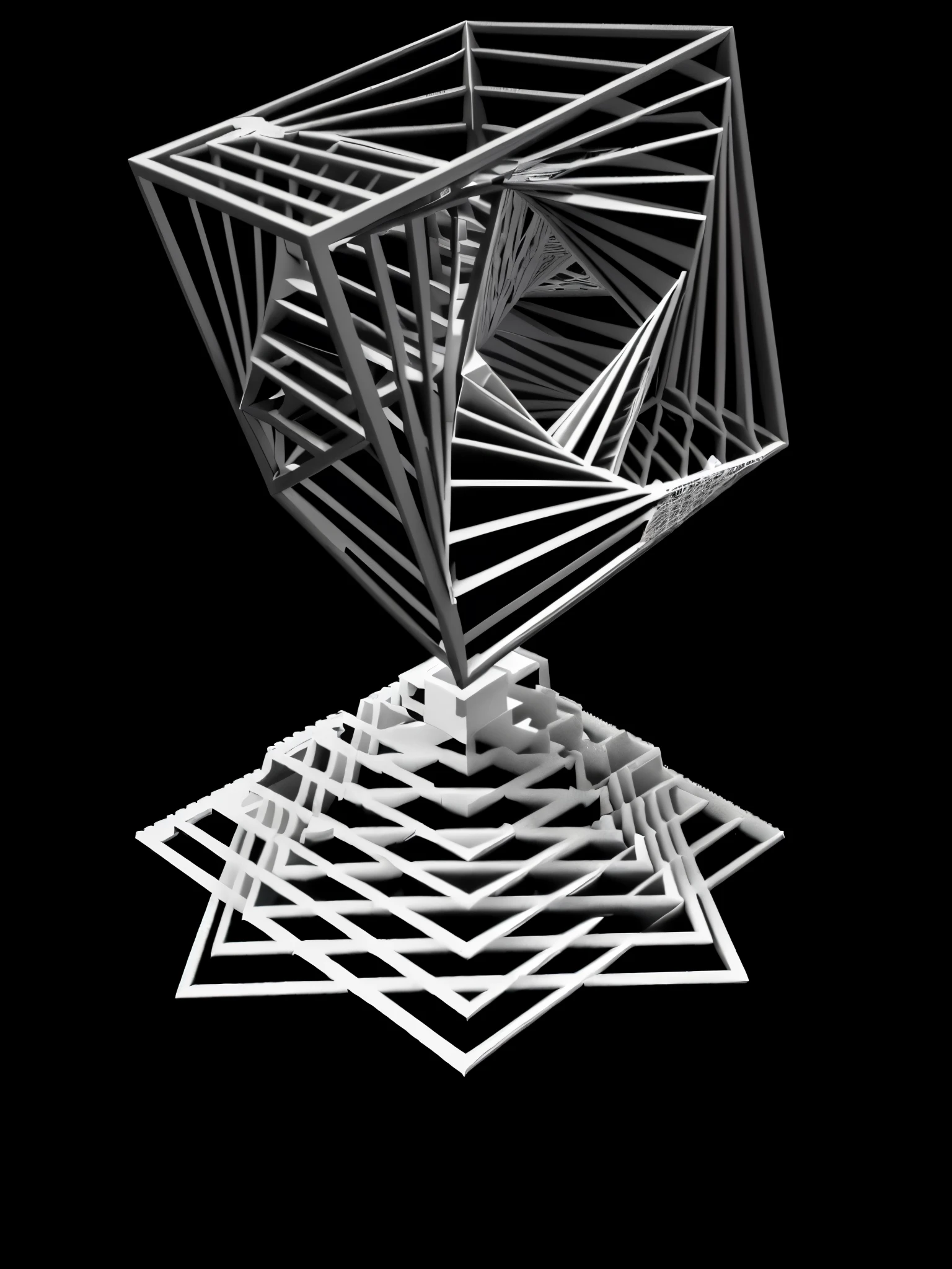 Black and white photo close up of cube, Spatial structure, fractal 3D structure, 3D structure, infinite fractal tetrahedron, Hypercube, Parameter structure, Complex mathematical shapes, abstract geometric sculpture, 几何Hypercube, Fractal automata, 3D Sculpture, 3D Sculpture, Epic 3D Abstract Model, Impossible structure