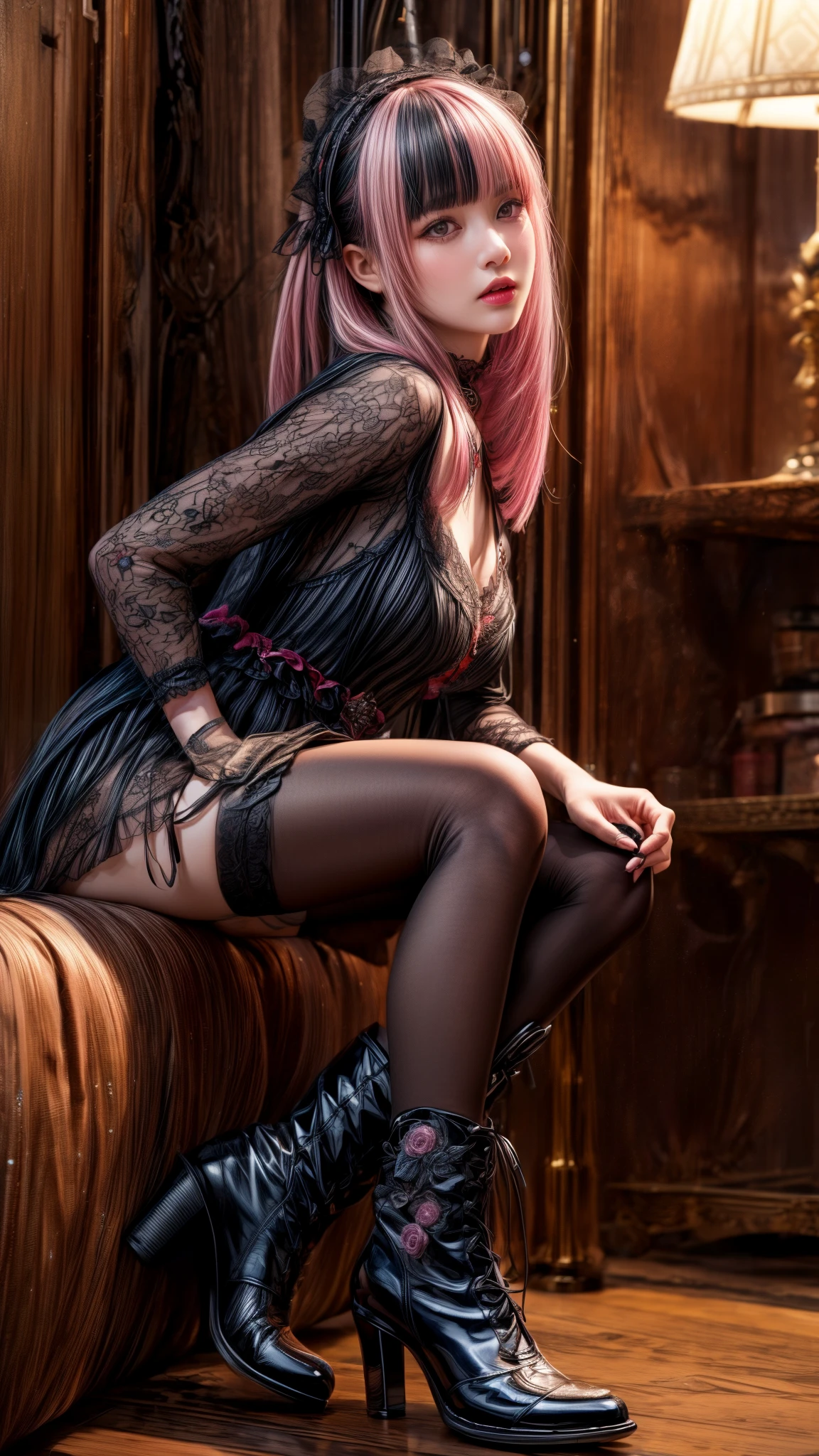 Mature Woman、Pink Hair、Black Hair、((Two-tone hair))、(Detailed face)、((ta dress with delicate pink decoration))、Slender women、Cute Woman、 8K Ultra HD, Delicate texture, Long Hair、(((blunt bangs)))、(((Drill Hair)))、Lace thigh-high tights、short boots、((Goth))、tutu mini skirt、A room in a Western-style building、((Delicate photo)),(Girl Astepeace RAW Photo Details:1.25), (highest quality:1.6), (超A high resolution:1.5), (Realistic:1.75), 8K resolution, Canon EOS R5, 50mm, Absurd, Ultra-detailed,Cinema Lighting、