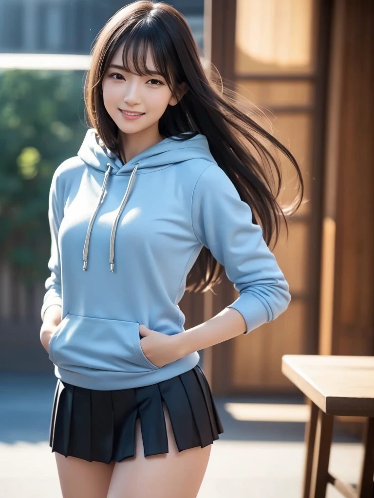 (8k, RAW Photos, highest quality, Tabletop:1.2), (Realistic, Photorealistic:1.4), (Highly detailed 8k wallpaper), Sharp focus, Depth of written boundary, Blur the background, Bokeh, Cinema Lighting, Soft Light, (whole body), 1 girl,18 years old famous Japanese idol, Perfect female body, indoor, (Blue hoodie and black micro mini pleated skirt : 1.3), (Long, slender legs), (smile), Glossy lips, Beautiful fine details,Natural Makeup, Shiny, smooth, light brown medium-long hair, Asymmetrical bangs, Shiny skin, Center image, High resolution, Attention to detail, Detailed hairstyle, Detailed face, 素晴らしいCinema Lighting, Octane Rendering, Vibrant, Ultra-realistic, Perfect limbs, Perfect Anatomy