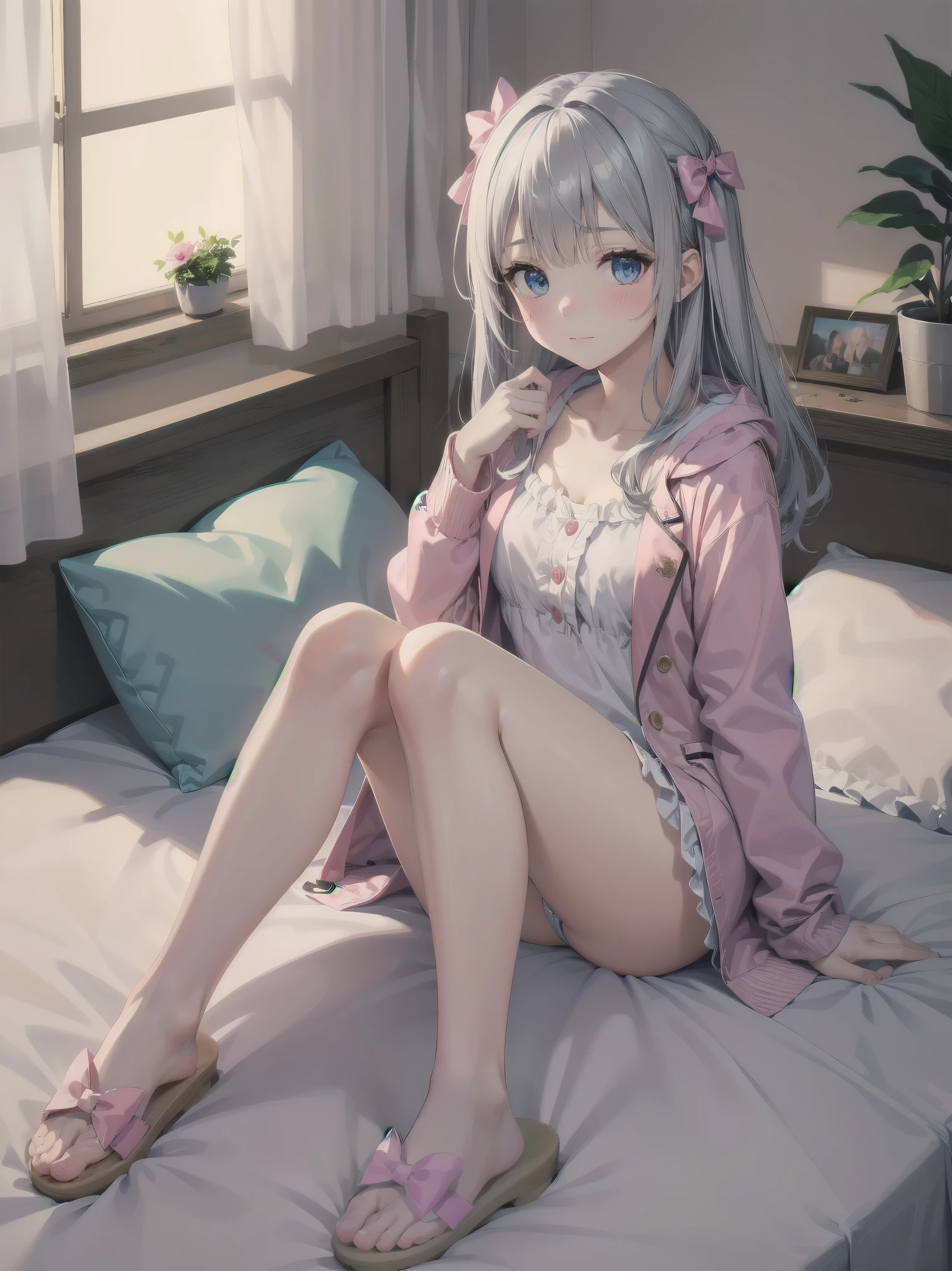 1girl, solo, long hair, looking at viewer, blush, bangs, blue eyes, long sleeves, bow, sitting, closed mouth, collarbone, jacket, hair bow, grey hair, thighs, frills, open clothes, indoors, hood, legs, book, bare legs, window, bed, on bed, stuffed toy, pink bow, blue jacket, pajamas, slippers, bedroom, izumi sagiri