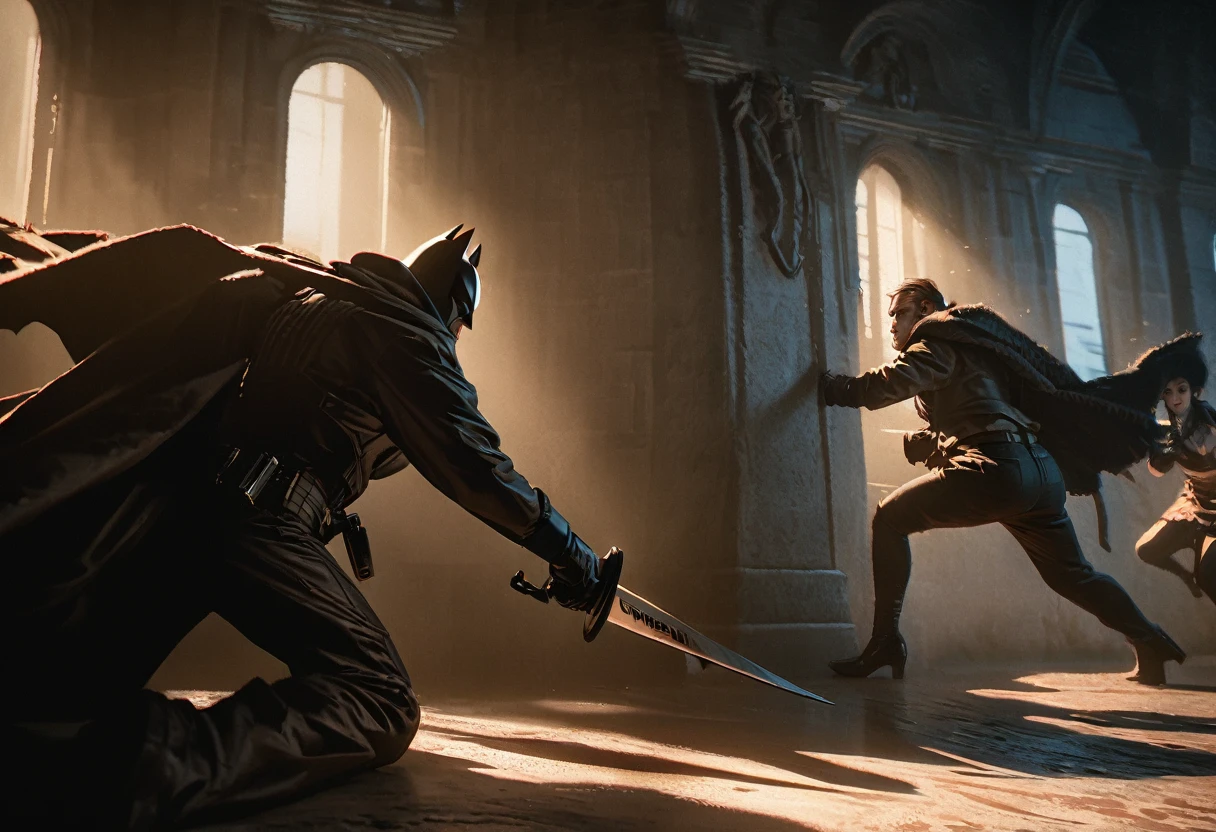 batman swinging in to stop bank robbery,sexy french maids as robbers,hostages killed,bloody bank,batman confronting robbers,dark and gritty atmosphere,chiaroscuro lighting,high contrast,ultra detailed,8k resolution,cinematic composition,dramatic camera angles,realistic textures,moody color palette,strong shadows and highlights,photorealistic,hyper realistic,masterpiece