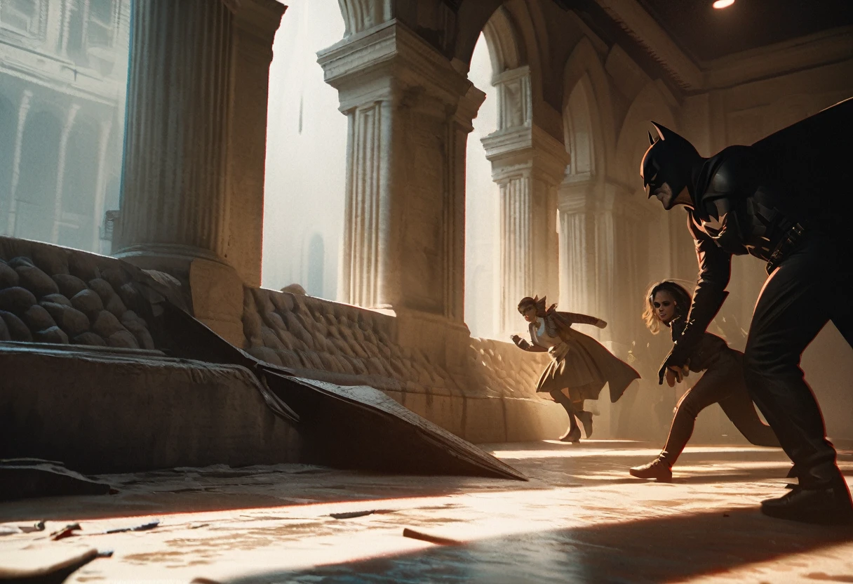 batman swinging in to stop bank robbery,sexy french maids as robbers,hostages killed,bloody bank,batman confronting robbers,dark and gritty atmosphere,chiaroscuro lighting,high contrast,ultra detailed,8k resolution,cinematic composition,dramatic camera angles,realistic textures,moody color palette,strong shadows and highlights,photorealistic,hyper realistic,masterpiece