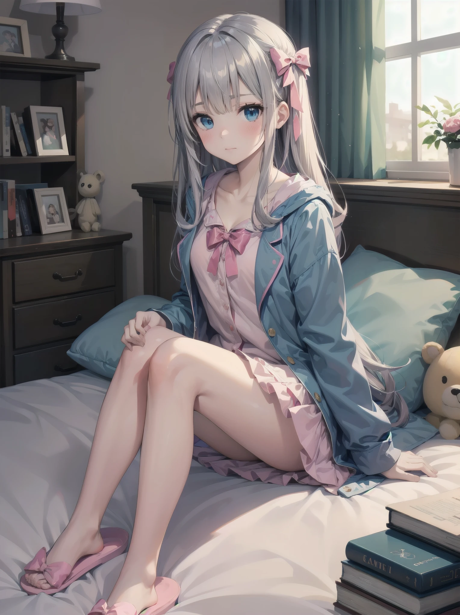 1girl, solo, long hair, looking at viewer, blush, bangs, blue eyes, long sleeves, bow, sitting, closed mouth, collarbone, jacket, hair bow, grey hair, thighs, frills, open clothes, indoors, hood, legs, book, bare legs, window, bed, on bed, stuffed toy, pink bow, blue jacket, pajamas, slippers, bedroom, izumi sagiri