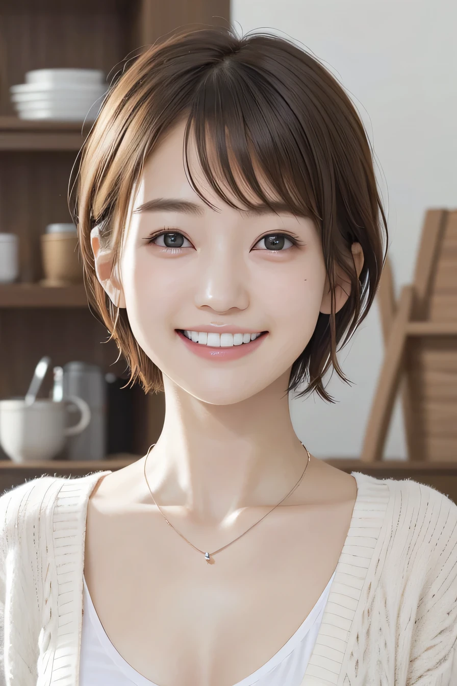 205 ((short hair)), 20-year-old female, In underwear、cardigan、Open your mouth、smile、Beautiful teeth alignment、Black Hair、ear piercing、Necklace around the neck、Looking into the camera, Waiting for the start