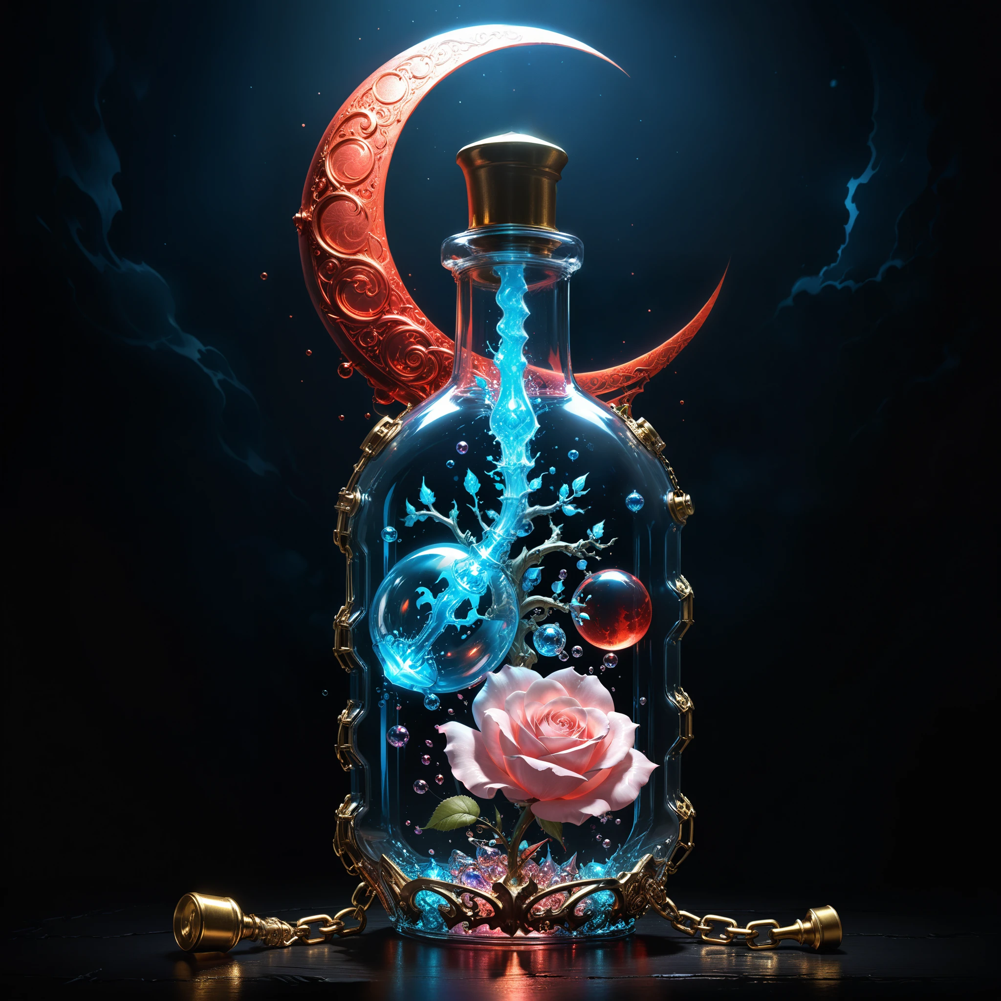 (in style of Ashley Wood:1.3),(in style of Nick Veasey:0.7),
conceptual design of the transparent glass human heart (organ),world of warcraft magic potion bottle concept design,golden potion glass bottle,water in a bottle,bubbles in water,(potion potion:1.5),entangle in a metal chain and lightning bolt:1.3,(chemiluminescence:1.2),(bottle loseup:1.4),the fluorescent liquid glows,(blue fire:1.2),(Chemiluminescence:1.2),
(the red crescent moon background:1.6),sharp,sharp image,(insanely detailed and intricate, hypermaximalist, elegant, ornate, hyper realistic, super detailed:1.1),extremely detailed,Amazing resolution,8k,Ray Tracing,masterpiece,Particle Effects,Beautiful Effects,(Rose Quartz color:1.3),
BREAK
(darkness:1.4),(extreme shadows:1.4),(Best Shadow:1.4),dark atmosphere,world of warcraft style,