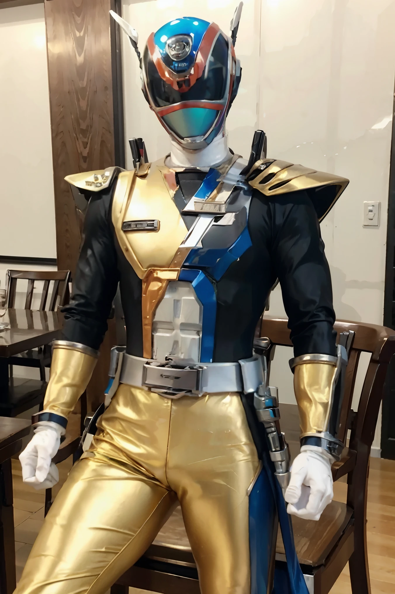 Fantasy background, cafe rpg style, empty chair, table, set of tea glass, (power rangers)), One guy、gold, white based, red and blue chest armor costume, Solo, ((fit figure)), (Anatomically correct), Cowboy shot, masked face, guns, muscular build