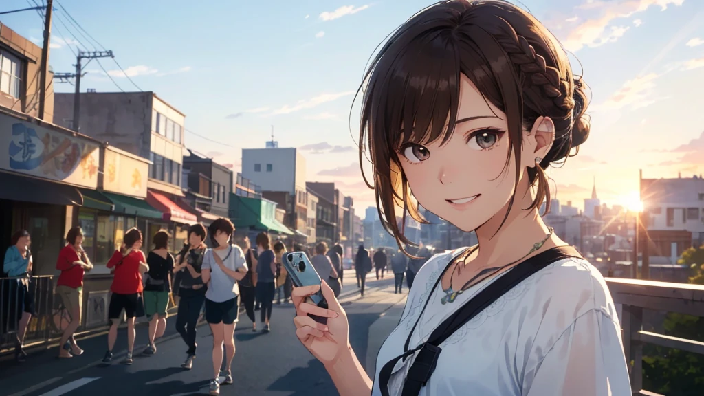 Overlooking the city from a hill、Residential Street、Cloudy、Time is night、Summer attire(highest quality:1.2), Super detailed, High resolution, Tabletop:1,2, Vibrant colors, Bokeh, Professional Lighting, Physically Based Rendering, Flat Color:0.8, Fine Illustration, Realistic:1.37, Shinkai Makoto style, Your name style, Light brown hair, Elegant update, Short Bob, Bun hairstyle such as chignon。、long hair,Hang a single-lens camera around your neck、 Laugh together, Dynamic pose, Selfie, Upper body full sister、(1.8)(highest quality、masterpiece、High resolution)、、(Anime Art)、((Multiple women、Everyone is standing, Alongside))、(Detailed depiction of a beautiful face)、Commemorative photo、Group photo(2.0)A kind smile、Medium Short Hair、 Brown Hair、。whole bodyが写る(1.8)
information(highest quality:1.2)、Very detailed、High resolution、masterpiece:1,2、Bright colors、Bokeh、Professional Lighting、Physically Based Rendering、Flat Color:0.8、Fine Illustration、Realistic:1.37、Makoto Shinkai style、Name Style、Light Brown Hair、Elegant update、Short Bob、Laugh together、Dynamic poselip、cheek(Dark Brown Hair/)bangs、cheek(direction)、(最高masterpiece1.2)繊細なイラストVery detailed、Break Blue Sky、Detailed Background、whole bodyが写る、A shy smile、Through clenched teeth、Through clenched teeth、lip、cheek(Flat Color: 0.8)、(masterpiece: 1,2)、(masterpiece: 1,2)、High resolution、超High resolution、highest quality、High resolution、Ultra-thin illustration、Makoto Shinkai style、Your Name is Style、Short Bob、necklace、Earrings、Selfie、whole body、Brown Hair、Braiding、Hair Bun、ponytail・Hair Bunスタイル、necklace、Valletta、ribbon、(highest quality:1.2), Super detailed, High resolution, Tabletop:1,2, Vibrant colors, Bokeh, Professional Lighting, Physically Based Rendering, Flat Color:0.8, Fine Illustration, Realistic:1.37, Shinkai Makoto style, Your name style, Light brown hair, Elegant update, Short Bob, Bun hairstyle such as chignon。、long hair, Laugh together, Dynamic pose, Selfie, whole bodyフルお姉さん、スマホでSelfie(2.2)