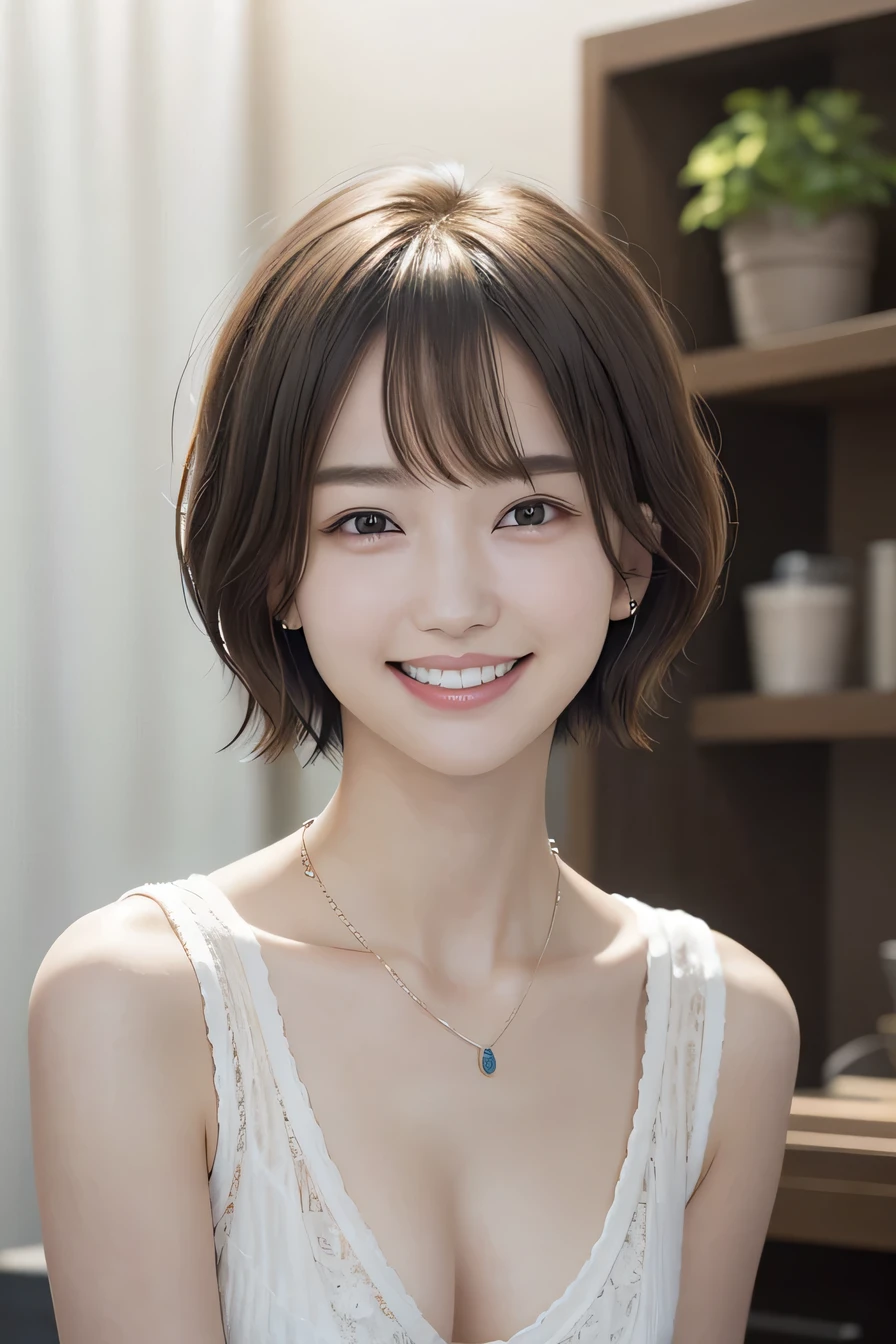 205 ((short hair)), 20-year-old female, In underwear、cardigan、Open your mouth、smile、Beautiful teeth alignment、Black Hair、ear piercing、Necklace around the neck、Looking into the camera, Waiting for the start