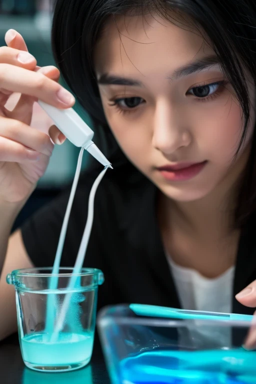 masterpiece, high quality image, 8k, realistic image, In the laboratory, there is a beautiful scientish with medium black hair, doing experiments 