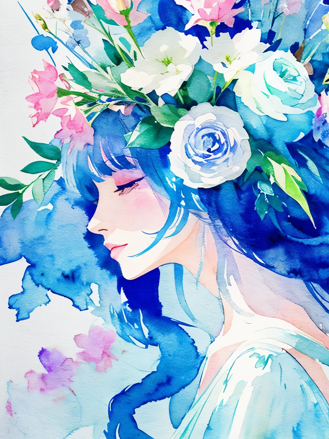 1girl,flower, Lisianthus ,in the style of light blue and cobalt, dreamy and romantic compositions, pale pink, ethereal foliage, playful arrangements,fantasy, high contrast, ink strokes, explosions, over exposure, blue and light blue tone impression , abstract, ((watercolor painting by John Berkey and Jeremy Mann )) brush strokes, negative space, best quality, ultra-detailed, realistic:1.37, portraits, vibrant colors, soft pastel tones, natural lighting.
