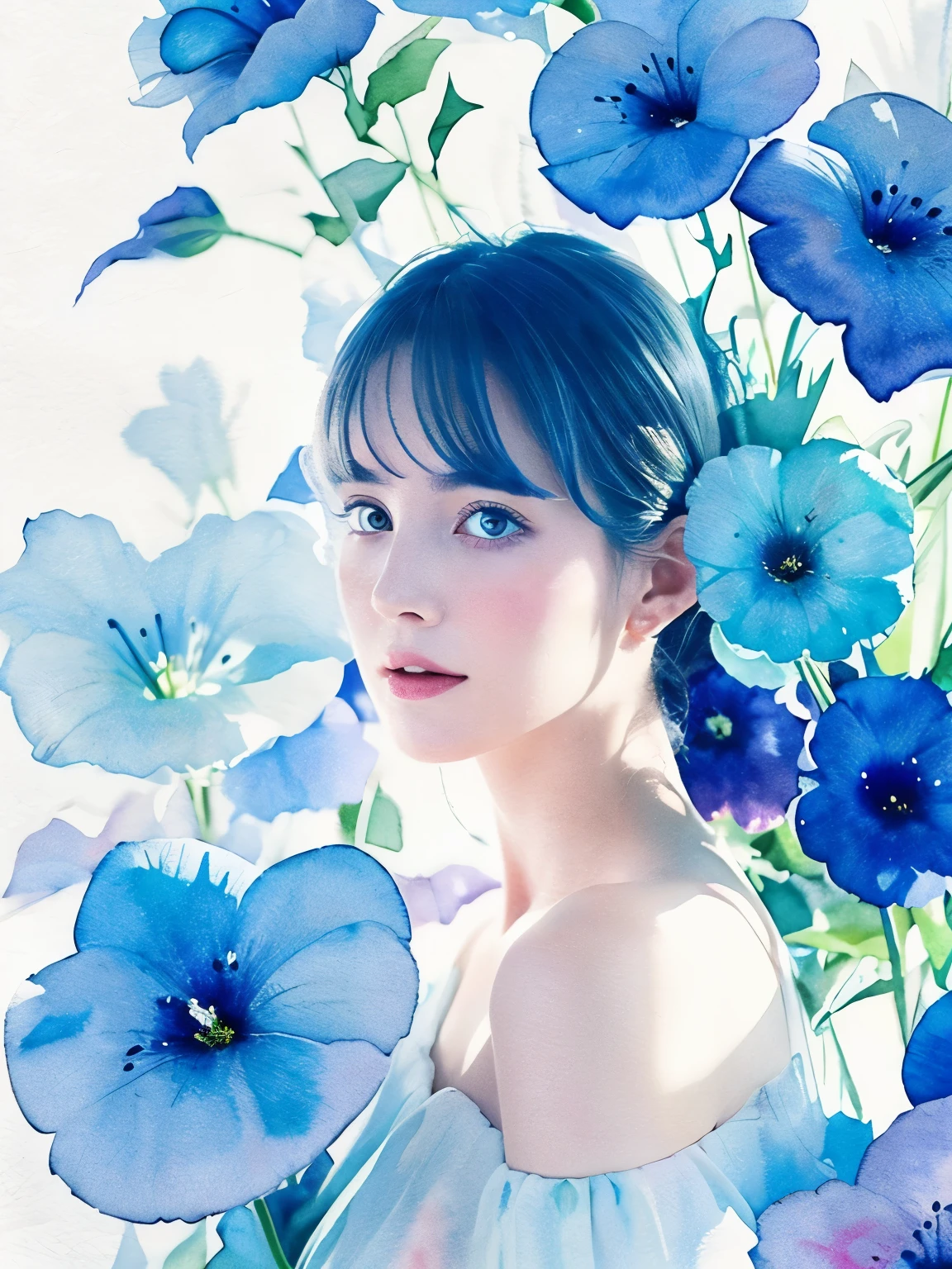1girl,flower, Lisianthus ,in the style of light blue and cobalt, dreamy and romantic compositions, pale pink, ethereal foliage, playful arrangements,fantasy, high contrast, ink strokes, explosions, over exposure, blue and light blue tone impression , abstract, ((watercolor painting by John Berkey and Jeremy Mann )) brush strokes, negative space, best quality, ultra-detailed, realistic:1.37, portraits, vibrant colors, soft pastel tones, natural lighting.