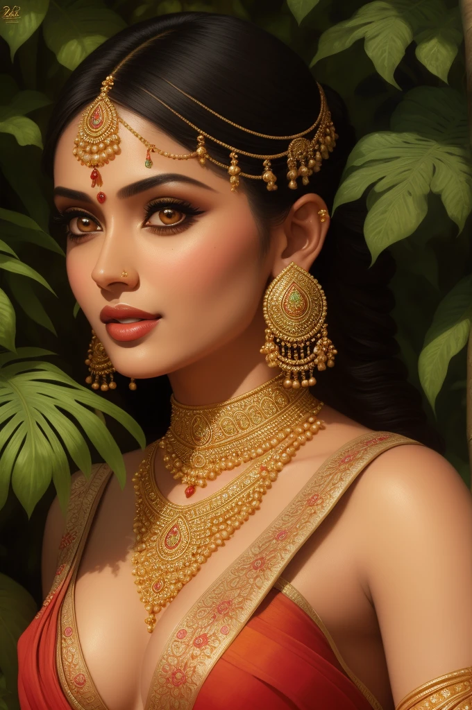 a beautiful Indian woman, elaborate ornate jewelry, sensual saree, detailed facial features with realistic skin texture,beautiful eyes, intricate hairstyle, lush tropical garden background, sunlight filtering through leaves, oil painting, high quality, photorealistic, cinematic lighting, warm color palette, masterpiece by Raja Ravi Varma 