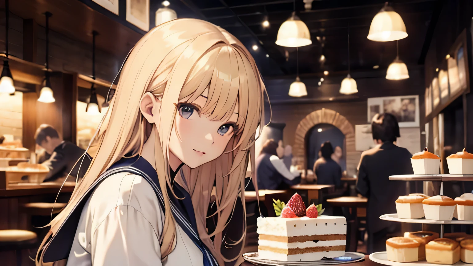 ((highest quality)), ((masterpiece)), (detailed), 8K,Perfect Face、Cafe、Eat cake、blonde、Smooth Hair、Sailor suit、Angle from the side、