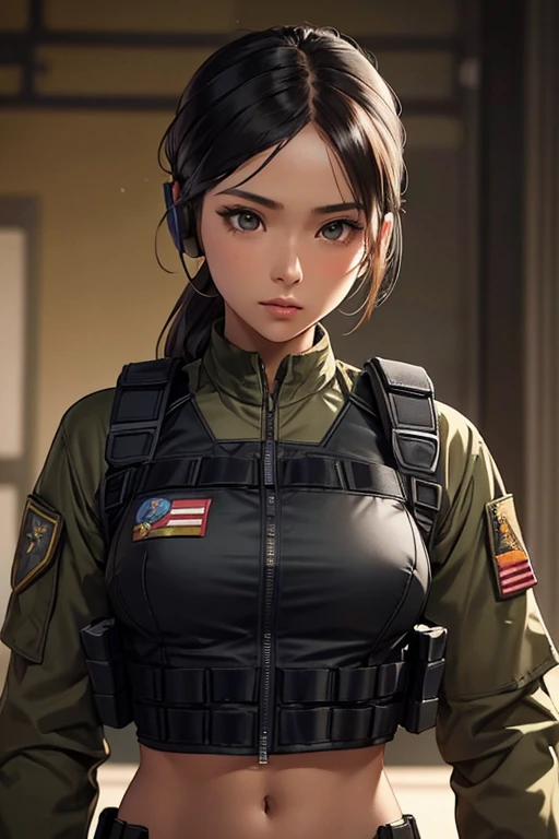 a woman in a black outfit holding a rifle and wearing headphones, 24-year-old woman, Filipino woman, tan bronze skin, soldier girl, mechanized soldier girl, military girl, beautiful female soldier, female lead character, infantry girl, of a sniper girl in war, solo female character, future combat gear, close up half body shot, Women in crop top military bulletproof vest, showing navel, quiet from metal gear solid v, wearing tactical gear, dressed in tactical armor