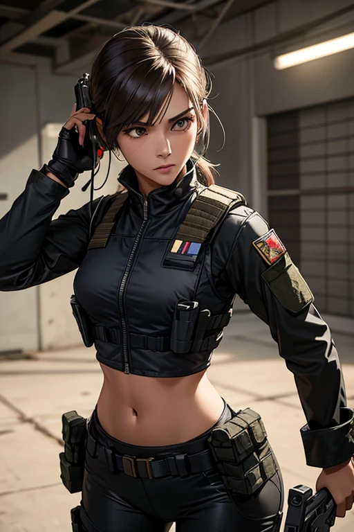 a woman in a black outfit holding a rifle and wearing headphones, 24-year-old woman, Filipino woman, tan bronze skin, soldier girl, mechanized soldier girl, military girl, beautiful female soldier, female lead character, infantry girl, of a sniper girl in war, solo female character, future combat gear, close up half body shot, Women in crop top military bulletproof vest, showing navel, quiet from metal gear solid v, wearing tactical gear, dressed in tactical armor
