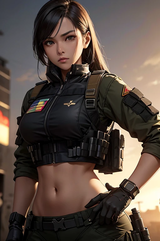 a woman in a black outfit holding a rifle and wearing headphones, 24-year-old woman, Filipino woman, tan bronze skin, soldier girl, mechanized soldier girl, military girl, beautiful female soldier, female lead character, infantry girl, of a sniper girl in war, solo female character, future combat gear, close up half body shot, Women in crop top military bulletproof vest, showing navel, quiet from metal gear solid v, wearing tactical gear, dressed in tactical armor