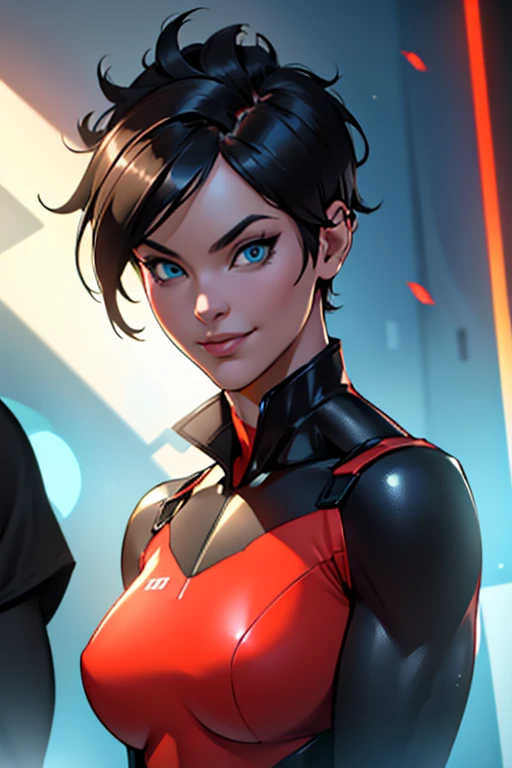 (art, Best quality, absurd, 4K, aesthetics, perfect eyes, perfect face, detailed, complex, Perfect lighting) 1 girl with fair skin, dark shaved short hair, wears a red and black futuristic bodysuit, queen of an alien race, warrior, gentle smile