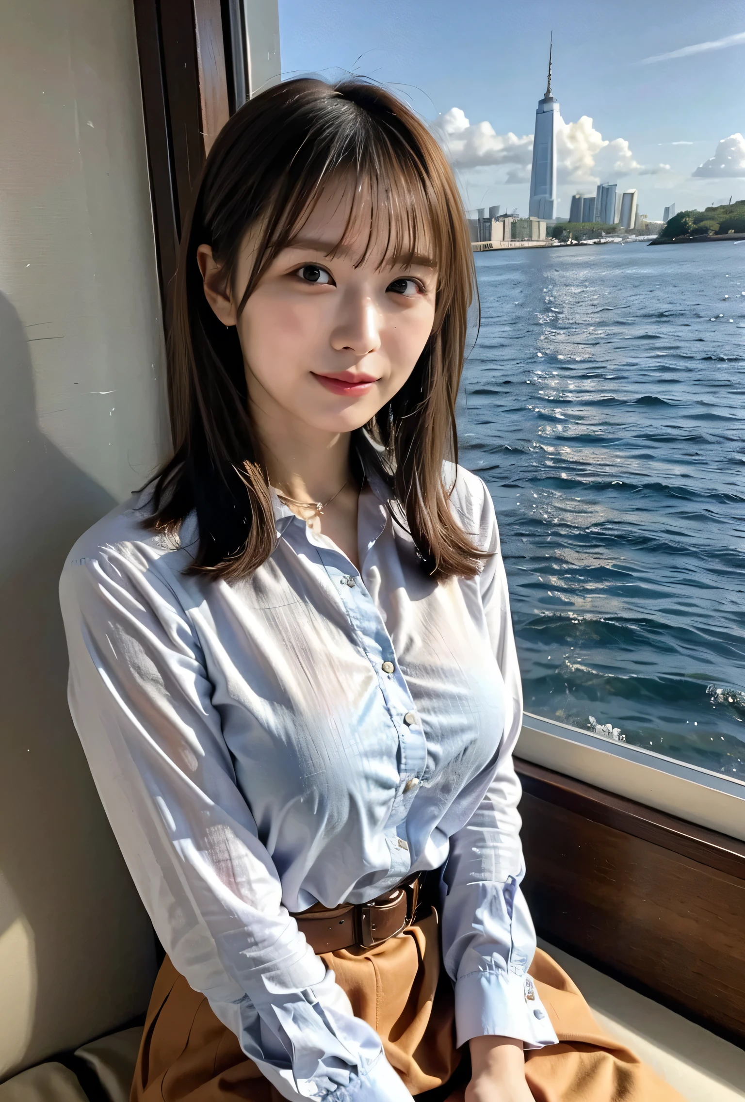 Blue-eyed woman、A woman with a cute upward gaze、When the sky turns dark、The sky turns reddish due to sunset、Tight clothing that shows your body line、The collar of his shirt is open obscenely、Gorgeous white collared silk shirt and brown skirt、Luxurious genuine leather belt、Dress elegantly着こなす、Luxury Bags、、((short hair:1.4))、Skyscrapers seen across the sea、Manhattan Island is visible offshore、A woman on a pleasure boat、Side Ponytail、The sun shines on her、No sleeve、Light brown hair、Light brown hair、The sky was dyed red、There are clouds、It's cute、A woman in elegant clothing is sitting on a boat and watching the sunset、Her huge breasts are obvious even through her clothes.、The shining sun is so beautiful、Dusk is coming、Lens flare、I can see the sun setting、((Sunlight reflecting off the ocean、Ocean View、The sun shines on the sea、'beautiful.、Small earrings、It'evening、Birds are also flying、、Brown Hair Color、Tie your hair、The woman is on the right:1.4))、Luxury Leather Belts、Shiny clothes、Light beige hair color、Background Blur、Braid only the front hair、Light brown hair、{{Cowgirl Shot}}、((Close-up shot from the waist up、Big Breasts:1.4))、Big Breasts、Smile、Silk clothing、Big Breasts that can be seen even through clothes、Braid only the front hair、Cowboy Shot、Gorgeous white collared silk shirt and brown skirt、Dress elegantly、Luxury Bags、A lovely smile、((airplane in the background、I'Coming to the airport))、Full body photo、ring、Short skirt、Tuck your hair behind one ear、Silver Necklace、smile、 Elegant ponytail、Caustics、Highly detailed photos、Very beautiful and ideal short hair、Big Breasts、Super no makeup、(8k、RAW Photos、highest quality、masterpiece:1.2)、(Realistic、Realistic)、1 girl、((Big Breastsshort hair、Looking into the camera:1.4))、Hair blowing in the wind