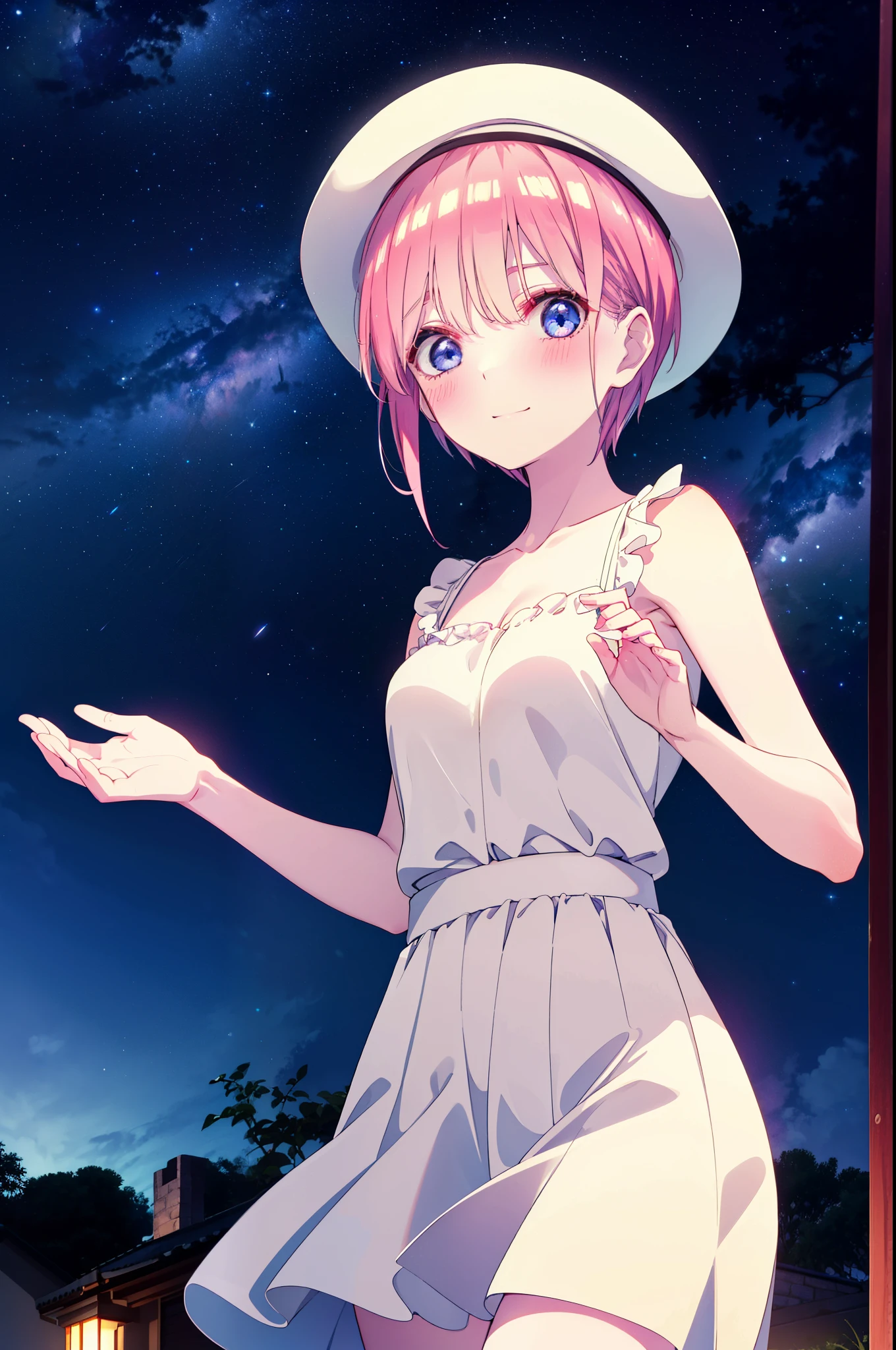 ichikanakano, ichika nakano, short hair, bangs, blue eyes, Hair between the eyes, Pink Hair, Big white hat,smile,Sleeveless white dress,Bare arms,White long skirt,Cute heeled sandals,whole bodyがイラストに入るように,Looking down from above,walk,moonlight,night,ロマンチックなnight景,Starry Sky,shooting star,Looking down from above,
break outdoors, hill,
break looking at viewer, whole body,
break (masterpiece:1.2), highest quality, High resolution, unity 8k wallpaper, (shape:0.8), (Beautiful details:1.6), Highly detailed face, Perfect lighting, Highly detailed CG, (Perfect hands, Perfect Anatomy),