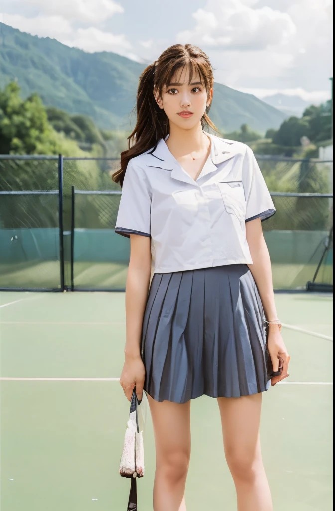 1 Girl,(background: garden),looking at the audience,photoPractical,Practical,Solitary,outdoor:2,Flowers,Blue sky and white clouds,Mountains,audience,Sailor Moon,Pleated Skirt,tennis court,tennis,