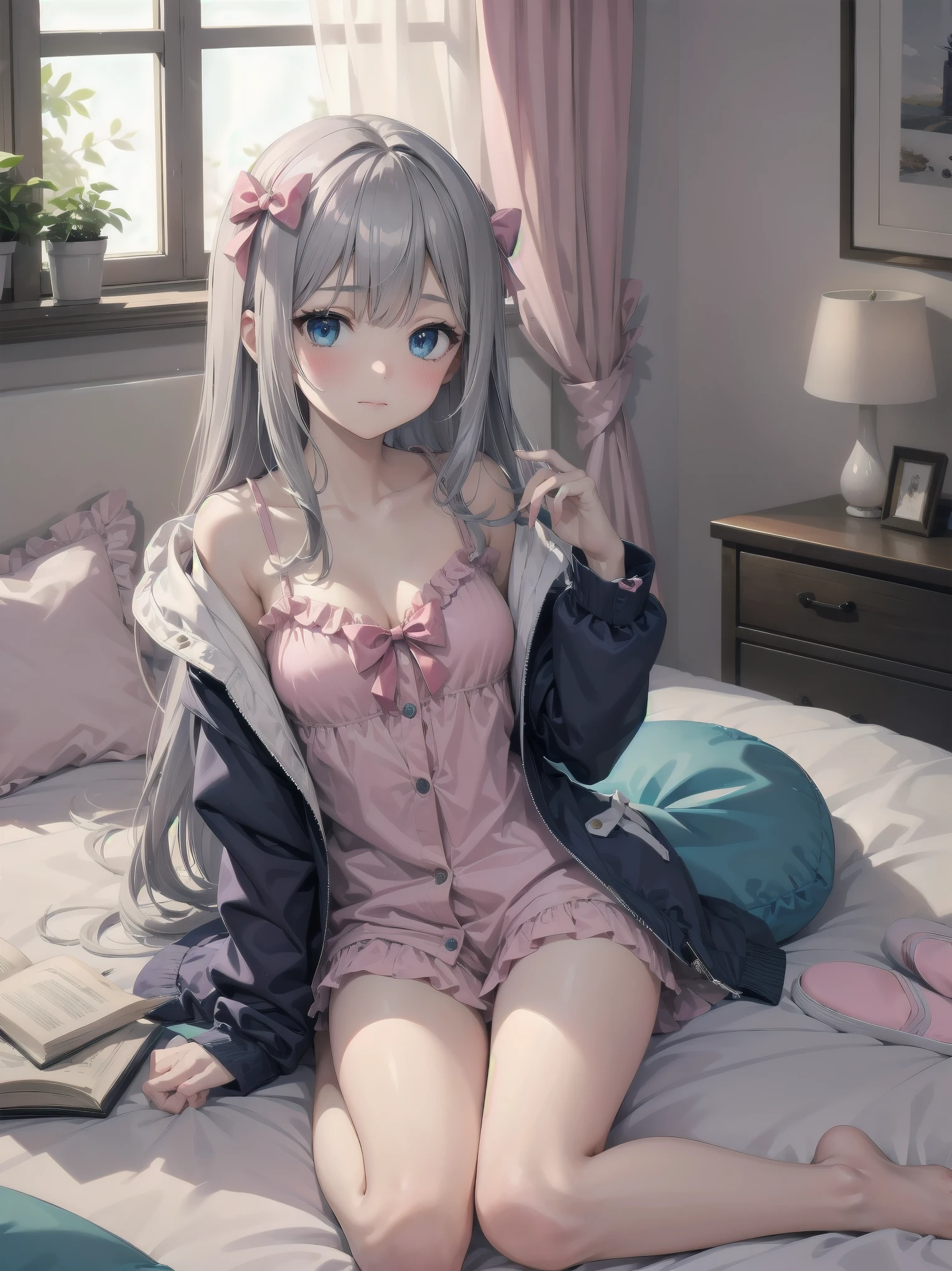 1girl, solo, long hair, looking at viewer, blush, bangs, blue eyes, long sleeves, bow, sitting, closed mouth, collarbone, jacket, hair bow, grey hair, thighs, frills, open clothes, indoors, hood, legs, book, bare legs, window, bed, on bed, stuffed toy, pink bow, blue jacket, pajamas, slippers, bedroom, izumi sagiri