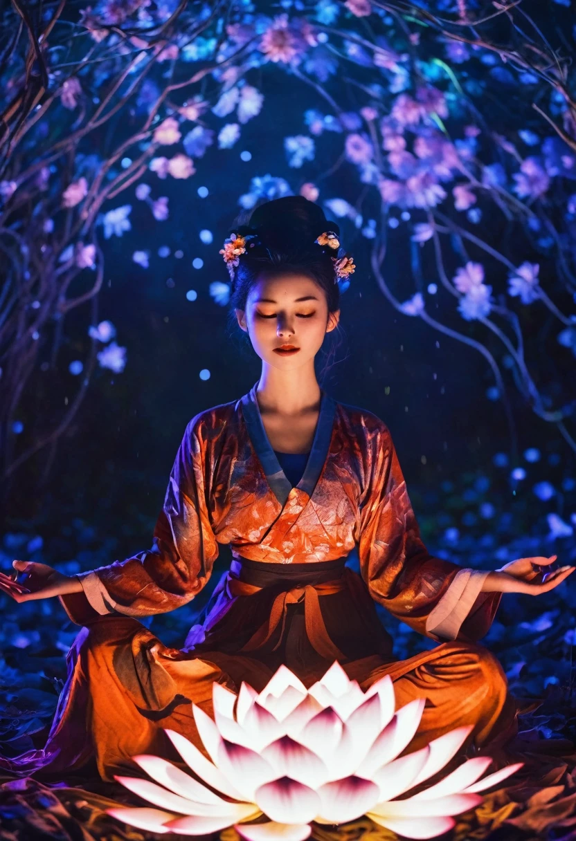 Full body photo of a girl in lotus position,born, Cinematic shots, (Sharp focus:1.5), (Realistic:1.4), dusk lighting, Volumetric lighting, Ultra-high resolution, 16k,Dramatic lighting, Abstract background:1.5)(Zentangle,Datura stramonium,Tangle,Intertwined:0.7)Fox Witch,kitsune mask,Haori, Foxfire spells, Fox family, conversion, Depth of written boundary, A fantastic atmosphere, The most beautiful form of chaos, grace, Fauvist Design Dark Theme, flowers of death, flowers of ecstasy,Glowing Lines,Glow Example,Tracking example,flash, Backlight,translucent,Particles of light